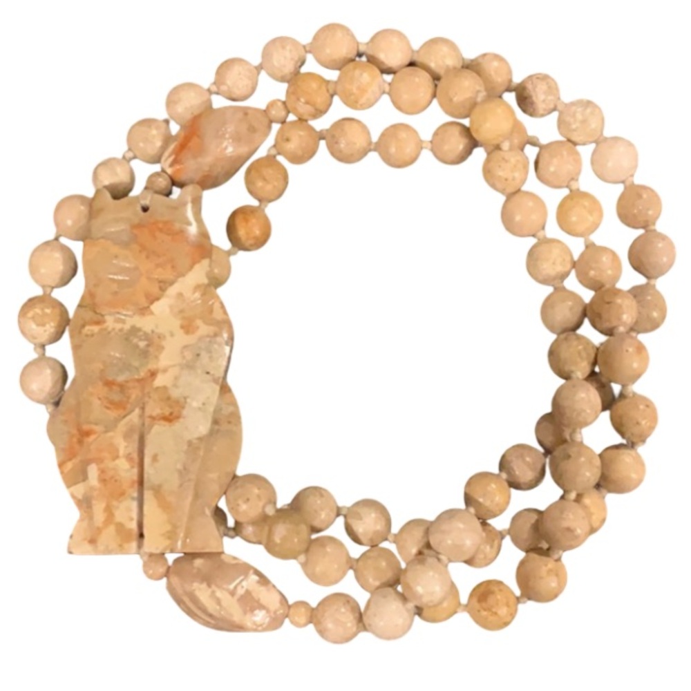 Vintage Whimsical Jasper Crystal Stone Knot Beaded Kitty Cat Necklace